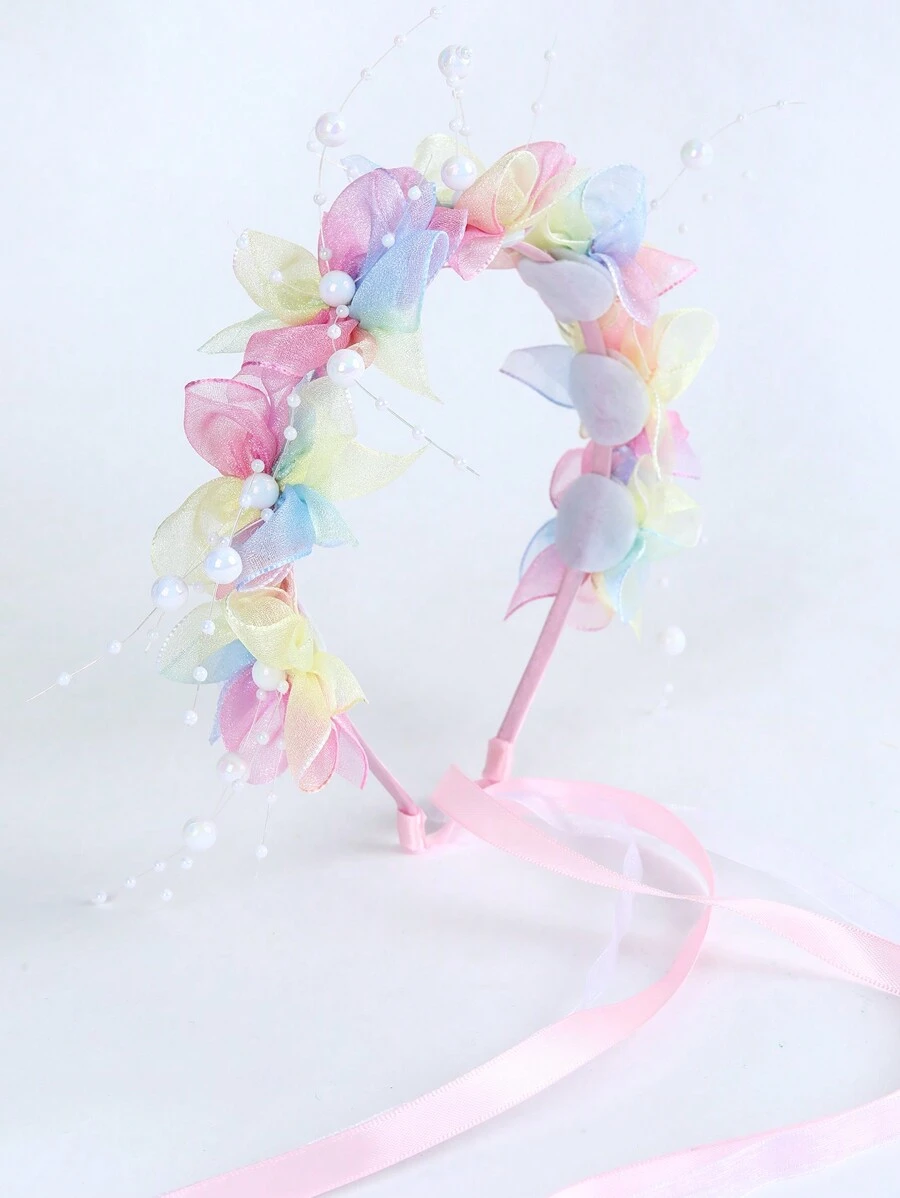 1件渐变花朵发箍，网状珍珠链发圈，女孩和儿童发饰 - 彩色 - 查看 1