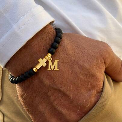 1pc New Matte Gold Stainless Steel Letter Cross Beaded Bracelet (Men)