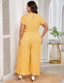 Yesfashion Womens Plus Size Loose Jumpsuits Summer Short Sleeve One Piece Outfit Elastic Waist Wide Leg Floral Jumpsuits - Hoa màu vàng - Xem 5
