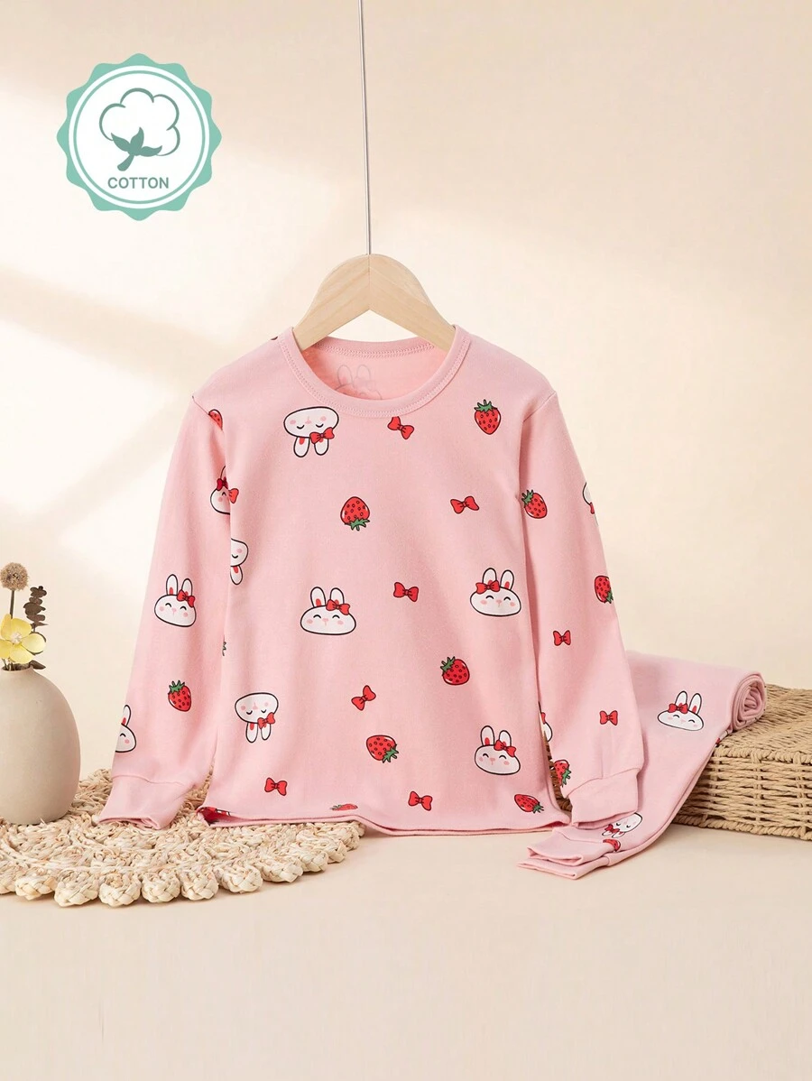 Girls Strawberry Bunny Print Pajama Set, Spring Autumn Home Wear For Young Girl - Pink - View 1