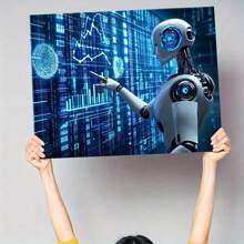 Pintura decorativa con robot de Inteligencia Artificial futurista, gran obra de arte de pared con marco, que muestra la tecnología robótica avanzada y la interfaz de datos digitales, adecuada para decorar la sala de estar, dormitorio u oficina, arte de pared con estilo tecnológico ciberpunk, apropiado para uso doméstico o boutique - Negro - Ver 7