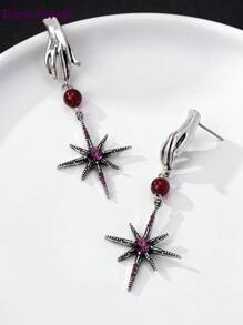 1 pereche de cercei de modă în stil gotic-hiphop pentru femei, metal în formă de mână, cu pandantiv stea, strasuri din sticlă violet încrustate, potriviti pentru banchete, petreceri, festivaluri și ținute zilnice