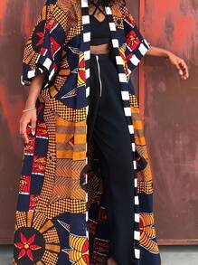Plus Size Casual Retro Print Long Cardigan