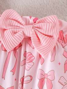 2pcs Newborn Baby Cute Printed Long Sleeve Bodysuit + Pants With Hat & Headband Set, Lightweight For Spring And Autumn - Dusty Pink - View 5