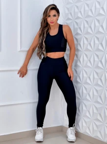 Fitness Set Top + Black Pants With Colorful Side Detail 3D Style - màu đen - Xem 3