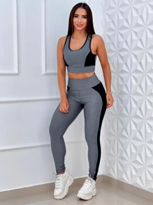 Women's Sports Set Fitness Top + Pants With Side Detail - Grey - View 1