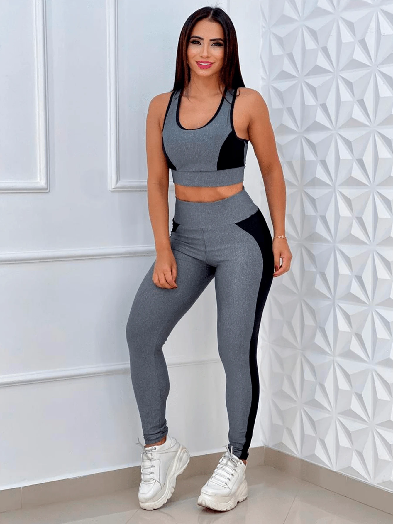 Women's Sports Set Fitness Top + Pants With Side Detail - Grey - View 1