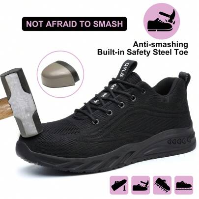 Unisex Steel Toe Work Boots, Puncture Proof Safety Shoes, Hiking Shoes With Shock Absorption, Anti-Slip Lace-Up Low-Top Design, Solid Color Fabric Upper And Lining, Rubber Sole, Round Toe, Soft Comfortable Insole