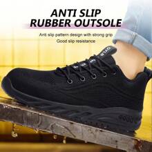 Unisex Stahlkappe Arbeitsschuhe, durchstichhemmende Sicherheitsschuhe, Wanderschuhe mit Stoßdämpfung, rutschfeste Schnürung, Niedrig-Top Design, einfarbiges Obermaterial und Futter aus Stoff, Gummisohle, runde Kappe, weiche komfortable Innensohle