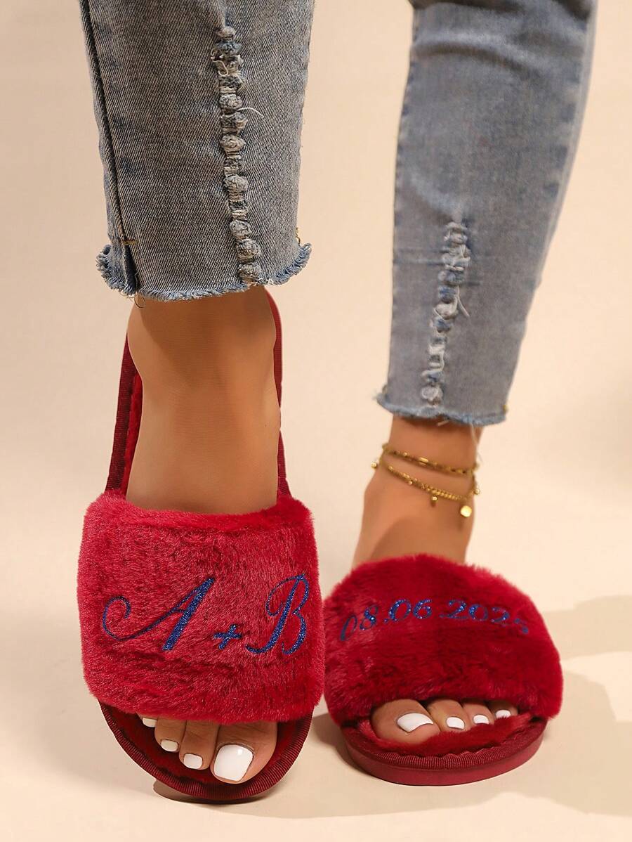 1 双定制女士闪光文字印花拖鞋，礼物，伴娘礼物，生日礼物，最好的朋友礼物，柔软毛绒拖鞋！定制新娘和伴娘拖鞋 - 个性化毛绒婚礼礼物，适合所有季节的舒适室内鞋 - 酒紅色 - 查看 1