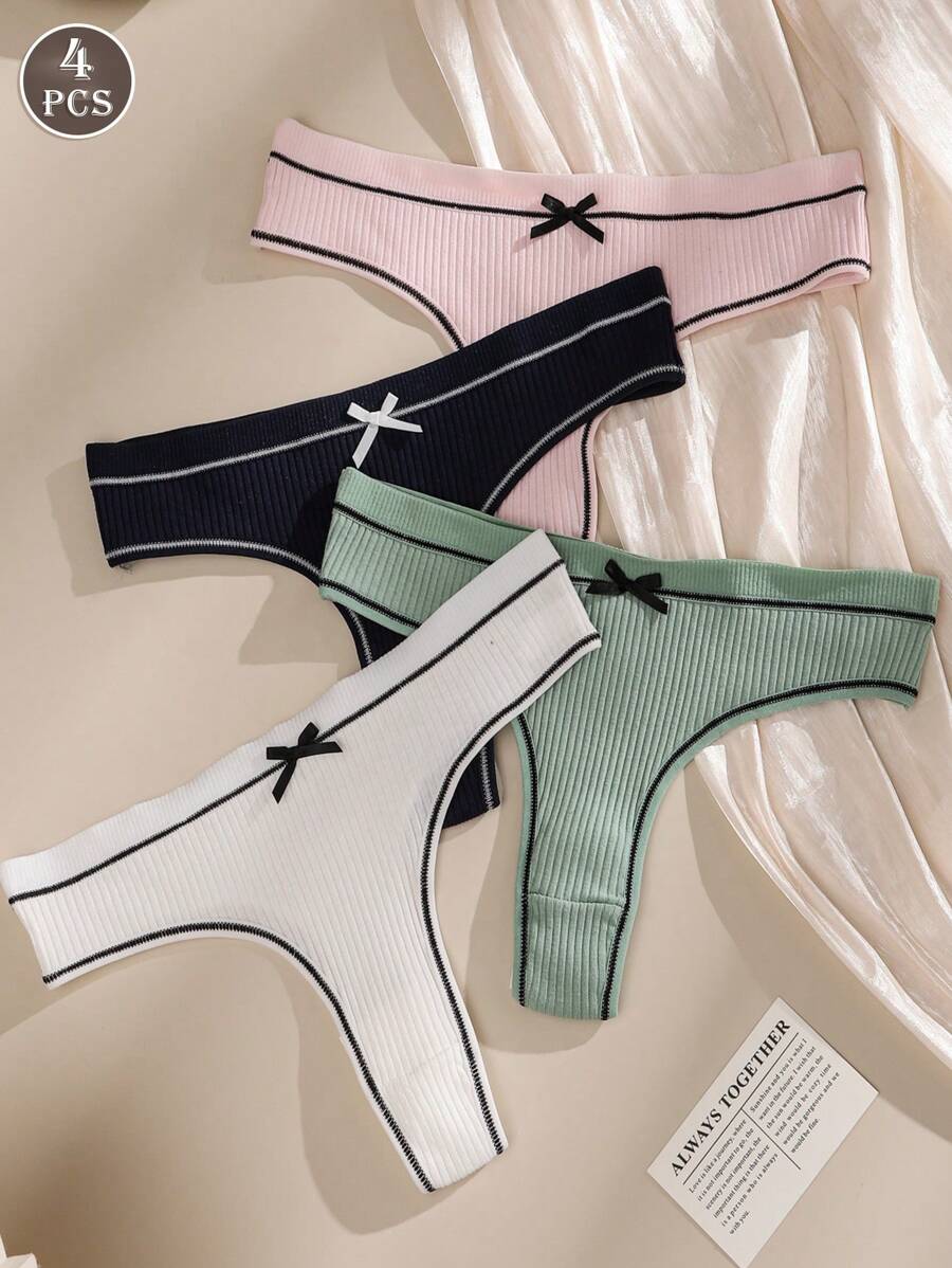 4 件装 女士字母腰带丁字裤内裤，透气裆部性感提拉三角内裤 - 彩色 - 查看 1