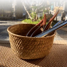 1pc Natural Seagrass Woven Storage Basket, Small Round Flower Pot & Home Decor Organizer For Living Room, Kitchen, Entryway