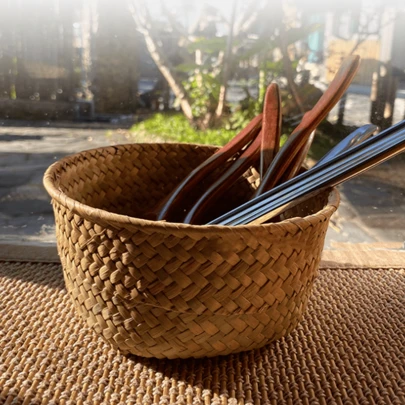 1 件天然海草编织储物篮、小圆形花盆和家居装饰收纳架，适用于客厅、厨房、入口
