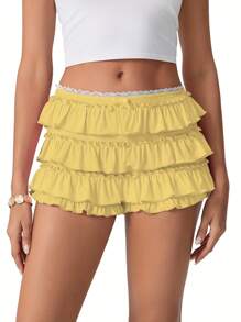 Women Hollow Out Crochet Knit Shorts Ruffled Layered Pleated Tiered Summer Fall Beach Music Festival Shorts - Màu vàng - Xem 1