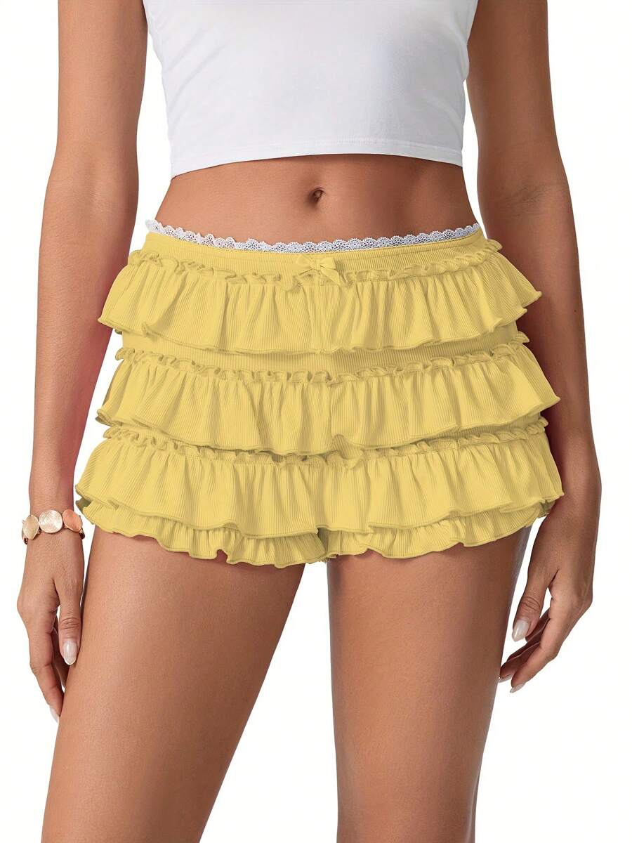 Women Hollow Out Crochet Knit Shorts Ruffled Layered Pleated Tiered Summer Fall Beach Music Festival Shorts - Màu vàng - Xem 1