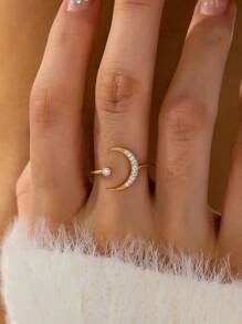 1 件金色密镶水晶装饰月亮戒指女士锆石星形戒指，可调节均码戒指 - 彩色 - 查看 1