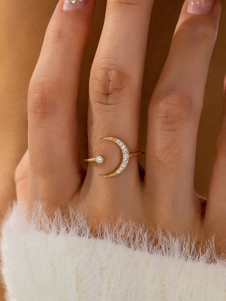1 件金色密镶水晶装饰月亮戒指女士锆石星形戒指，可调节均码戒指 - 彩色 - 查看 1