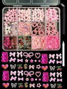1 盒 12 格混合蝴蝶结、心形、珍珠、熊、迷你花朵、蝴蝶、樱桃硬币扁平水钻美甲装饰 DIY 美甲用品指甲饰指甲宝石 - 彩色 - 查看 2