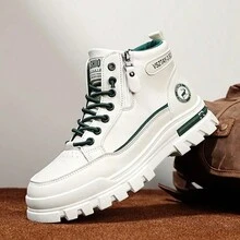 1 Pair Men's Casual Mid-Calf Boots - Solid Color Faux Leather Upper, Fabric Lining, PVC Sole, Round Toe Lace-Up Design, Suitable For Spring And Autumn