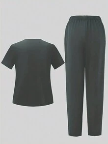 Women Solid Short Sleeve Plain Top And Long Pants Scrub Uniform Set - Green - View 2