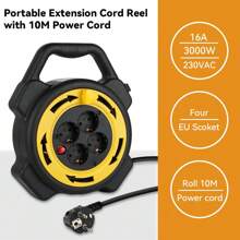CILIA 1pc European Standard Extension Cord Storage Reel,Portable Power Strip,With 4-Grounded Outlets ,10M Power Cord,16A/230V,For Outdoor Garden,Black Yellow
