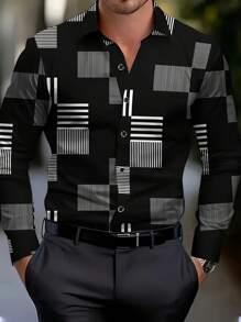 Men's Classic Fashionable Geometric Print Striped Plaid Long Sleeve Shirt, Black & White Tone, Long Sleeve Single-Breasted Lapel Shirt, Suitable For All Seasons, Must-Have Hot Fashion Cross-Border Fashion, For Fall