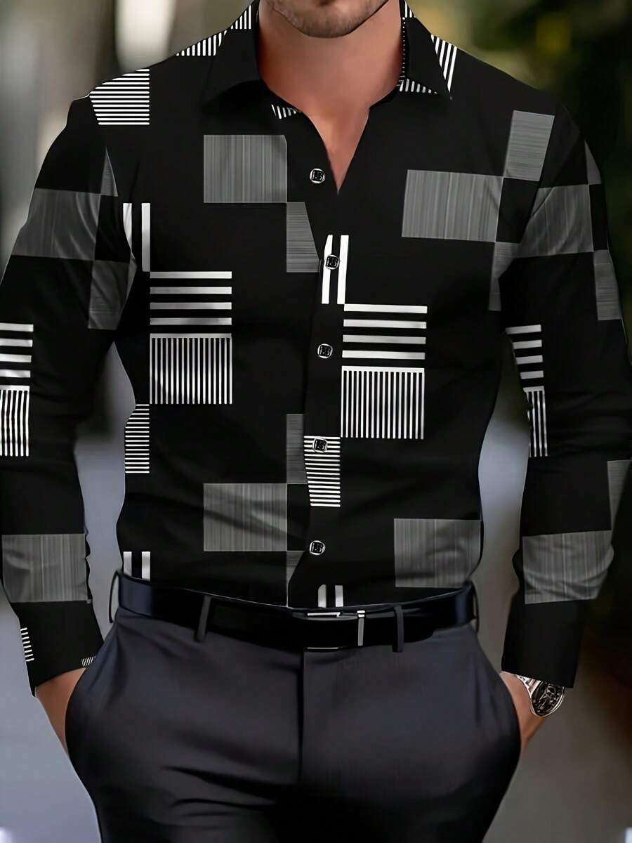 Men's Classic Fashionable Geometric Print Striped Plaid Long Sleeve Shirt, Black & White Tone, Long Sleeve Single-Breasted Lapel Shirt, Suitable For All Seasons, Must-Have Hot Fashion Cross-Border Fashion, For Fall