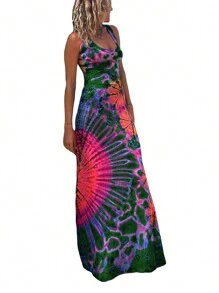 Women Summer Casual Long Dress Tie-Dye Print U-Neck Sleeveless Dress Fashion Cross Backless Dress - Green - View 1