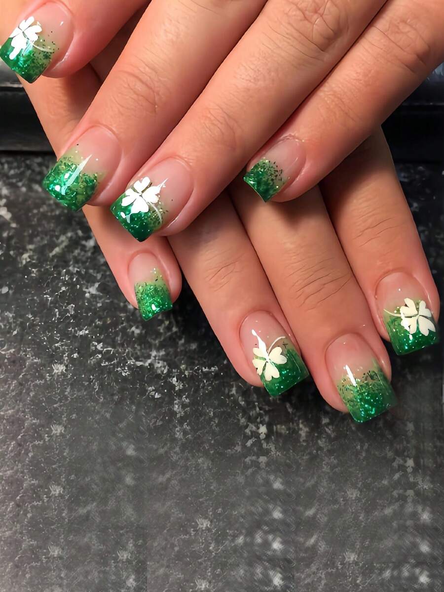 Instantly Upgrade Your Look With 24pcs Medium Square Press On Nails Kit Fresh Elegant Green Glitter French Style White Clover Fake Nails Cute White Clover Lucky Straw Glitter Fake Nails St Patrick's Day Nails Full Cover Fake Nail Set For Women And Girls 1 Piece Of Jelly Gel+1 File Strip Jelly Gel Random Shipment