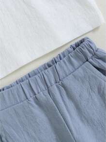 Toddler Boys Cotton Linen Outfits Buttons Short Sleeve Shirts And Elastic Waist Long Pants 2Pcs Clothes Set - Blue - View 6