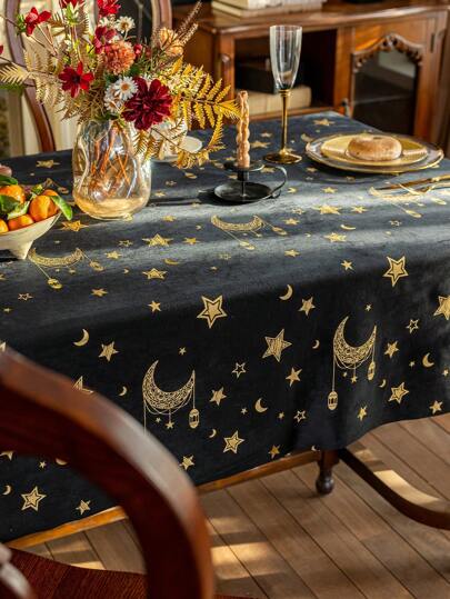 1件星月图案桌布，长方形，多种尺寸可选，金箔工艺，适合斋月、开斋节、中秋节等节日家居及餐桌装饰