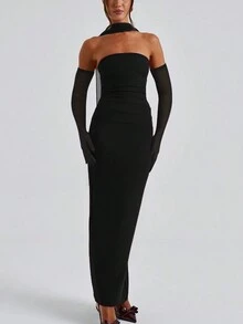 女士褶皱后开衩抹胸长裙配手套紧身性感优雅派对鸡尾酒会礼服 - 黑色 - 查看 5