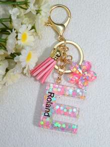 1 pieza Llavero de resina epoxi con brillo, colgante personalizado como accesorio para bolsos de mujer, llaves de coche, regalo para mamá, amigos, con diseños de corazón, mariposa y letra - Rosa - Ver 8