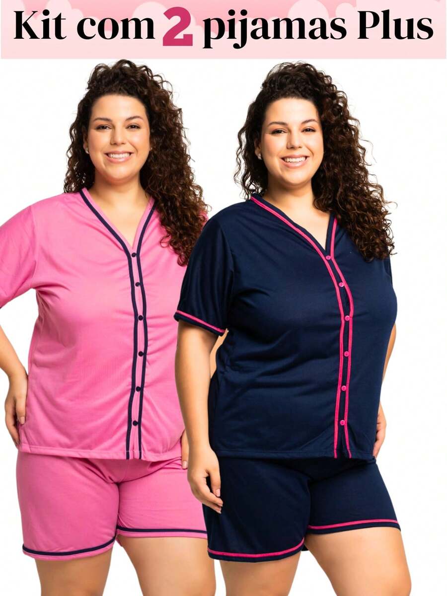 Kit With 2 Baby Doll Plus Size Women's Pajamas Half Sleeve Breastfeeding Short Doll With Buttons Surgical Mesh - 彩色 - 查看 1