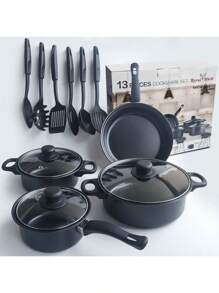 Juego de ollas y sartenes antiadherentes, 13 piezas de utensilios de cocina, de inducción, sartenes para saltear, apilables, para cocinar - Negro - Ver 1