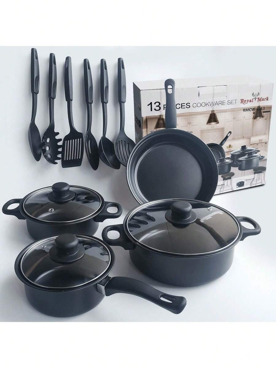 Juego de ollas y sartenes antiadherentes, 13 piezas de utensilios de cocina, de inducción, sartenes para saltear, apilables, para cocinar - Negro - Ver 1