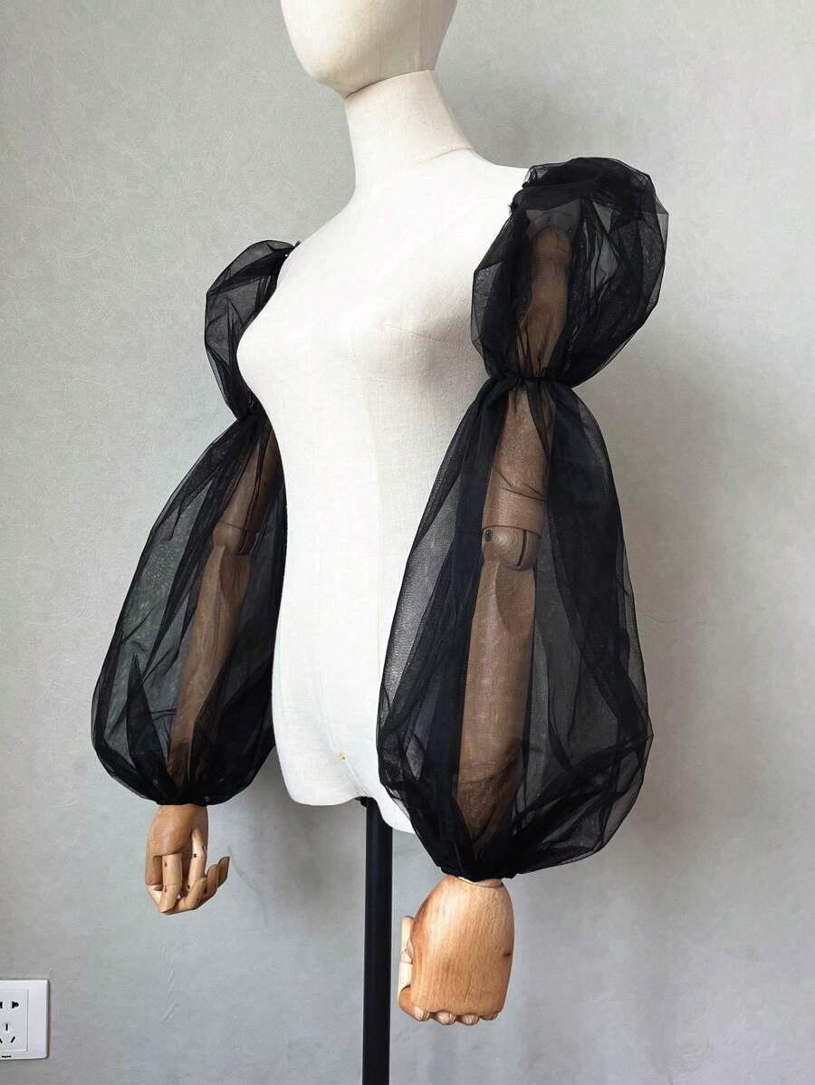 1pc Black Netting 2-Arm Sleeves With Puff And Elastic For Bridal Wear Autumn Accessories - Black - View 1