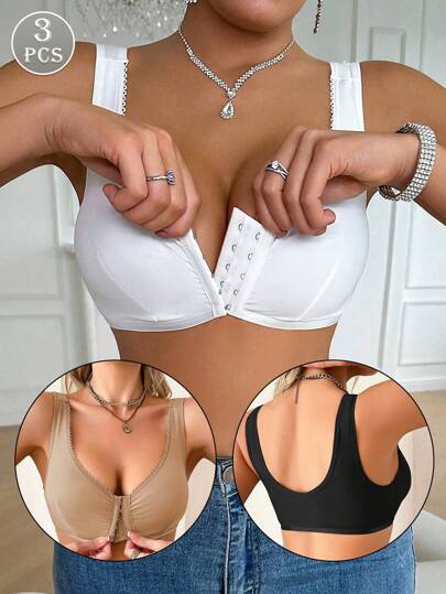 3 件套女士无钢圈前扣薄衬里无缝文胸，柔软舒适
