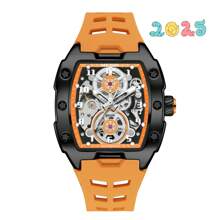 Megir Mechanical Watch, Square Face, Large Dial, Luminescent Hands, Multifunctional, Waterproof, Men's Fashionable Gift - Yellow and Black - View 1