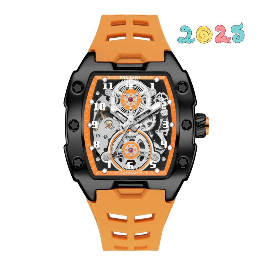Megir Mechanical Watch, Square Face, Large Dial, Luminescent Hands, Multifunctional, Waterproof, Men's Fashionable Gift - Yellow and Black - View 1