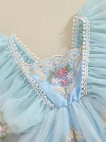 Conjunto de niña recién nacida, vestido de verano con bordado de flores y tul de patchwork y lazo para el pelo - Azul - Ver 6