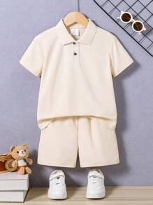 Young Boy 2pcs/Set Solid Color Short Sleeve Polo Shirt And Shorts, Casual Summer Outfit