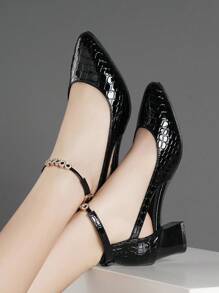 High Heel Pumps, Chunky Heel, Single Strap With Rhinestone Embellishment - Black - View 3