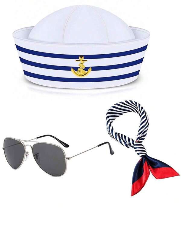 3pcs Lover's Set: Summer Beach Costume Hat, Bandana White Striped, Sailor Navy Cap, Blue Striped Sailor, Navy Captain Role Play, Yacht Party Hat