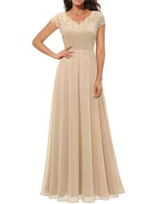 Women's Long Evening Dress, Solid Color Lace Patchwork Backless V Neck Elegant Dress, Simple One-Piece Clothes - 香檳色 - 查看 2