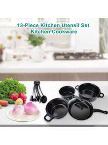 Juego de ollas y sartenes antiadherentes, 13 piezas de utensilios de cocina, de inducción, sartenes para saltear, apilables, para cocinar - Negro - Ver 5