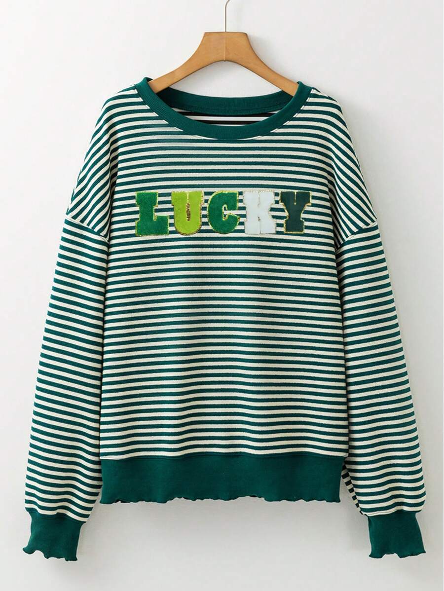 女款圣帕特里克节雪尼尔幸运图案波西米亚长袖运动衫上衣