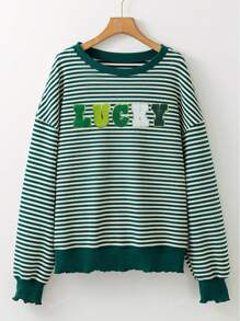 Women's St Patrick Day Chenille LUCKY Pattern Boho Long Sleeve Sweatshirt Top