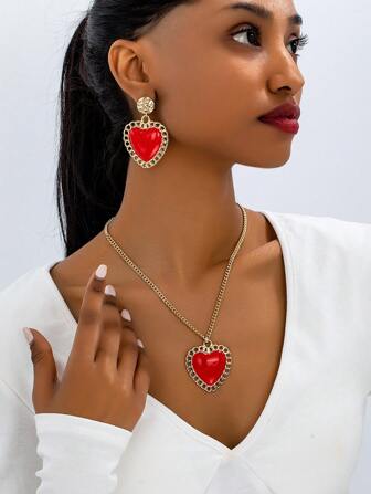 1pc/1pair/1set 2025 Valentine's Day Fashion Vintage Style Resin Gem Inlaid Hollow Heart Metal Pendant Necklace & Earring Set, Fashion Boutique Jewelry For Women, Party, Daily Wear, Gifts