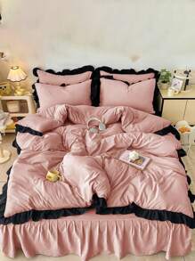 3pcs Soft & Comfortable Pink Ruffled Bedding Set, Suitable For Bedroom And Guest Room - Dusty Pink - View 8